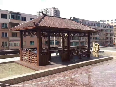 景觀別墅庭院木長廊 古建筑徽派弧形長廊帶雕刻彩繪牛腿